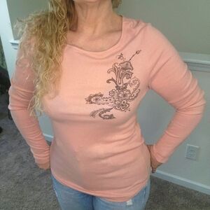 Y2K VTG  Buckle Crafty Couture long sleeve blush pink skull beaded t-shirt SZ M